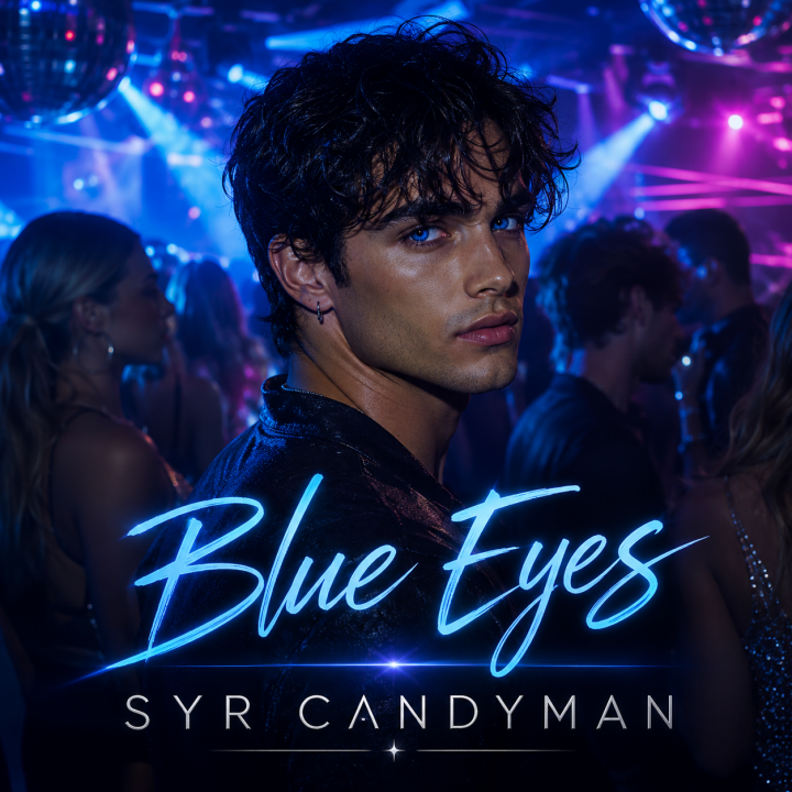 Blue Eyes album cover - an attractive man with piercing blue eyes dancing in a club