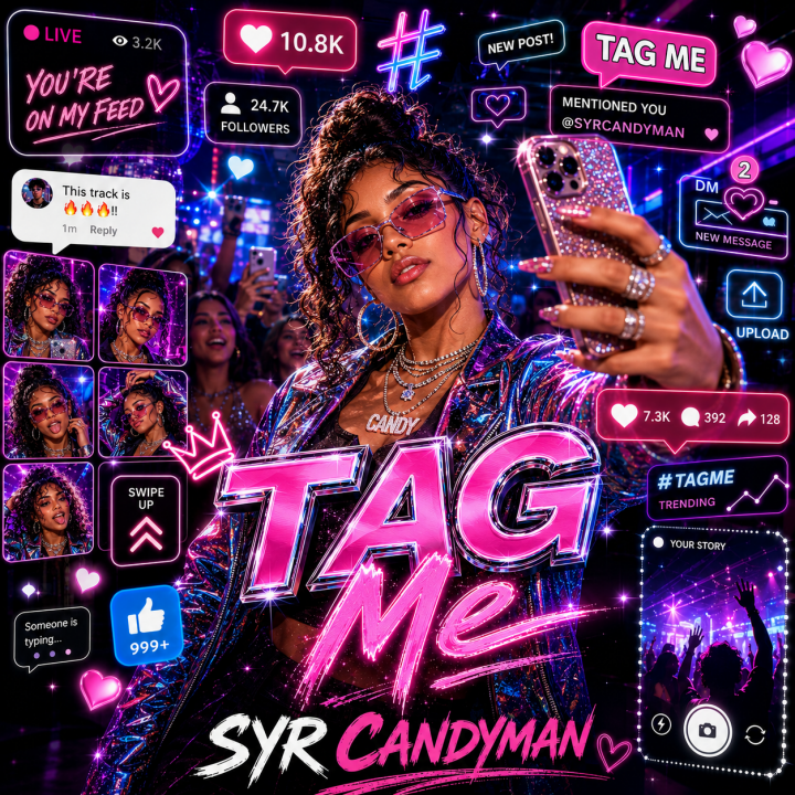 Tag Me album cover - girl taking a selfie surrounded by tags, messages and thumbs up