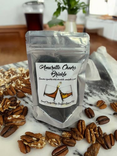 amarettocheers bag on countertop with pecans