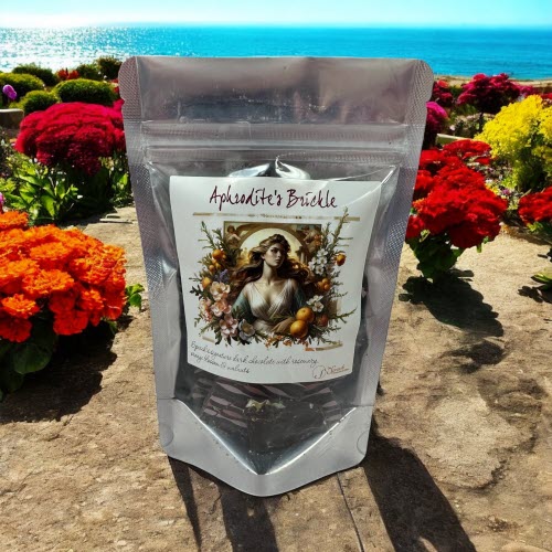 Aphrodite's brickle bag with flowers and ocean background