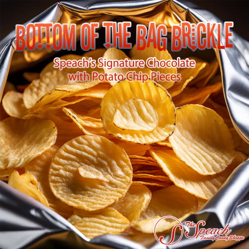 Bottom of The Bag Brickle label image of an open bag of ruffled potato chips