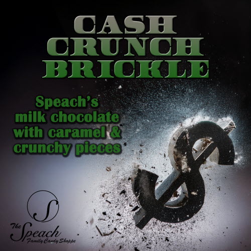 Cash Crunch Brickle label - image of a stone dollar sign being crushed.