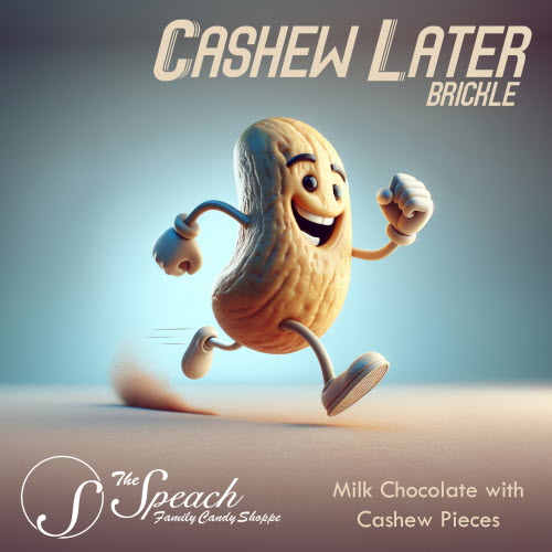 Cashew Later Brickle label - cartoon cashew in sneakers running
