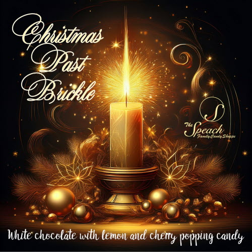 Christmas Past Brickle label - gold holiday decor accent with a sparking white candle with a tall flame