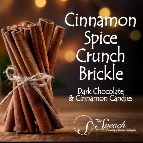 label for Cinnamon Spice Crunch Brickle - tied cinnamon stick on wooden table with lights in the background