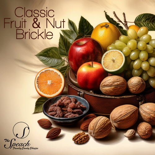 Classic Fruit & Nut Brickle label - bowl of various fruits and nuts on a cream background