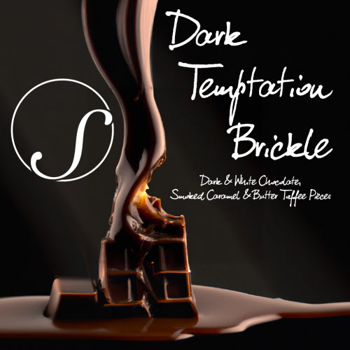 Dark Temptation Brickle label - a pour of dark chocolate on pieces of caramel on a black background