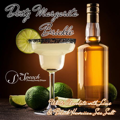 Dirty Margarita Brickle Label - Bottle of tequila surrounded by limes and a margarita glass garnished with a lime and black salt.