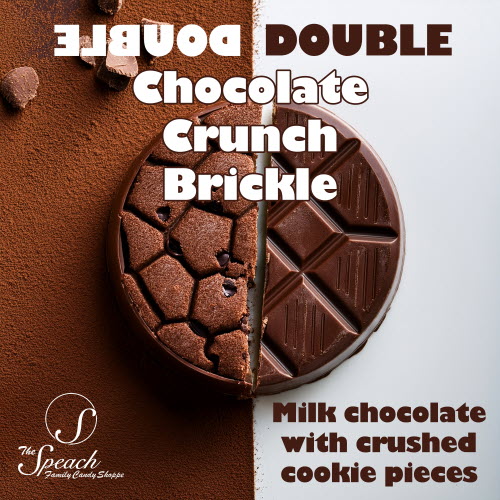 Double Chocolate Crunch Brickle label - 1/2 cookie on a background of cocoa powder and a round chocolate bar on white background