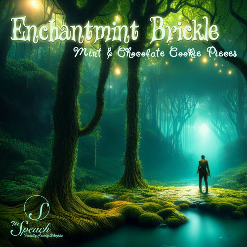 Enchantmint Brickle label - figure standing in an enchanted forest with mystic green and blue lights.