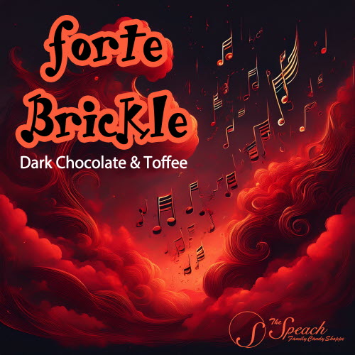 Forte Brickle label red and black swirling clouds with floating music notes.