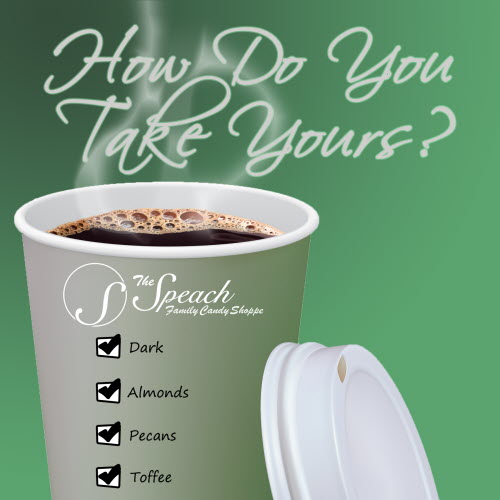 How Do You Take Yours Coffee Brickle label - to-go cup filled with hot steaming coffee with green background