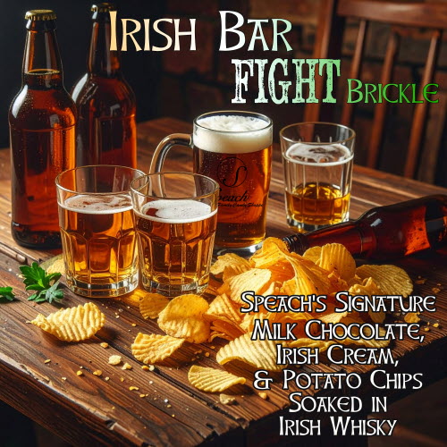 Irish Bar Fight Brickle Label - table filled with beer glasses, potato chips and beer bottles