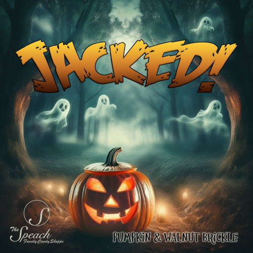 Jacked Brickle label - glowing jack o lantern in a dark forest with ghosts in the background