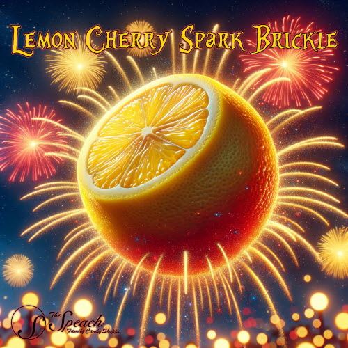 Lemon Cherry Spark Brickle label with firework display in yellow and red with large lemon in the sky