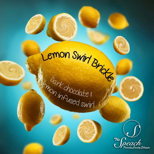 Lemon Swirl Brickle Label - cut and whole lemons floating on a turquiose background