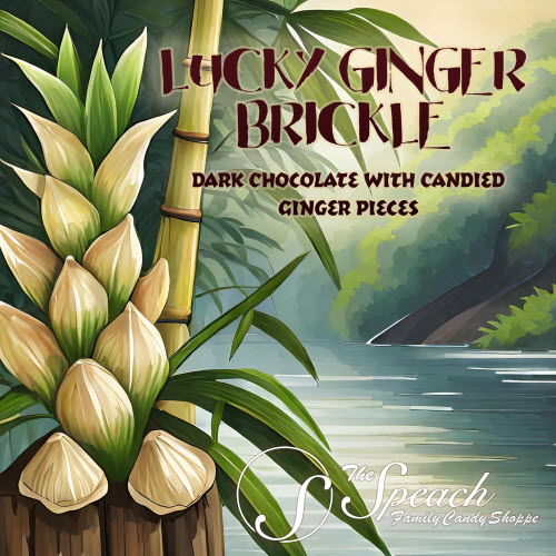 Lucky Ginger Brickle label - watercolor drawing of river and bamboo trees