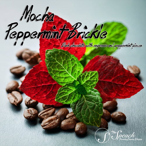 Mocha Peppermint Brickle label with fresh green mint, red mint leaves and coffee beans on a cool blue countertop