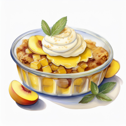 Peach Cobbler Brickle bag with peaches and granola on countertop