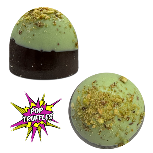 Top and side view of Pistachio Butter Truffles - Dark chocolate with a green chocolate dip and crushed pistachios