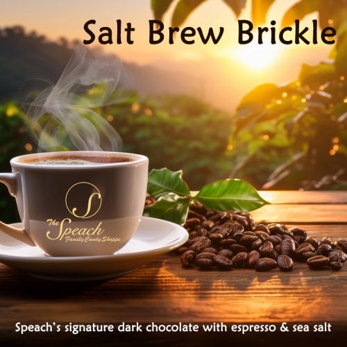 Salt Brew Brickle label - steamy coffee cup on a wooden table with espresso beans, green foliage and sunrise in the background