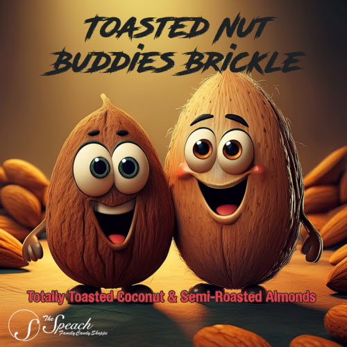 Toasted Nut Buddies Brickle label - cartoon coconut and almond surrounded by almonds