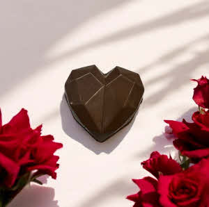 geometric heart on pink table with roses