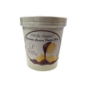 Container of chocolate covered potato chips