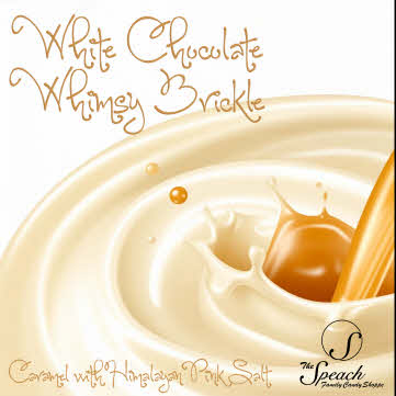 White Chocolate Whimsy Brickle label - liquid caramel being poured into melted white chocolate
