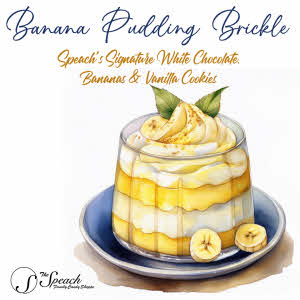 Banana Pudding Brickle label with watercolor drawing of pudding dessert on blue plate