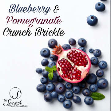 Blueberry Pomegranate Crunch Label with fresh blueberries and half of a cut pomegranate