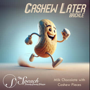 Cashew Later Brickle label - cartoon cashew in sneakers running