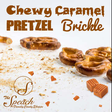 Caramel Pretzel Brickle label - chunks of caramel and broken pieces of pretzel