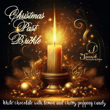 Christmas Past Brickle label - gold holiday decor accent with a sparking white candle with a tall flame