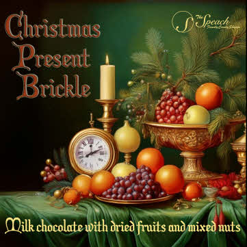 Christmas Present Brickle label - table fill with fruits, nuts, fir tree branches and clock and candle in gold goblets with a rich green tablecloth
