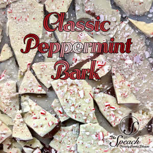 Classic Peppermint Bark Label pieces of white and dark chocolate with broken white and red peppermint pieces