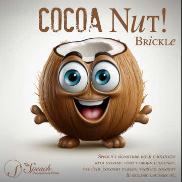 cartoon coconut character from the product label on cream colored background