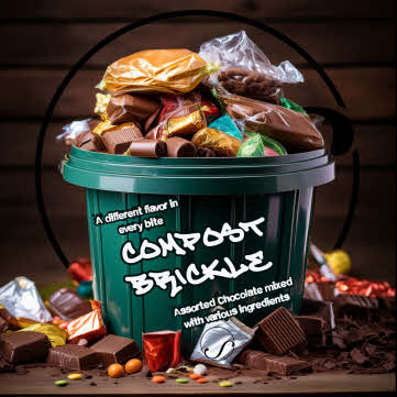 Compost Brickle label for package green pail overflowing with candy and chocolate