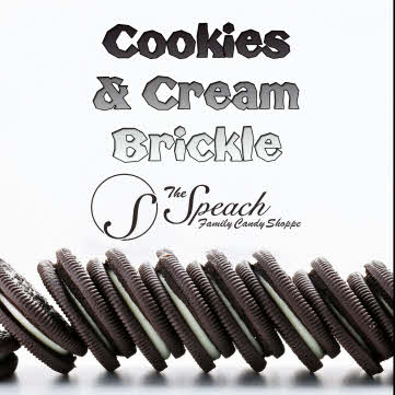 cookies and cream brickle label - stack of oreos on their sides falling like dominos