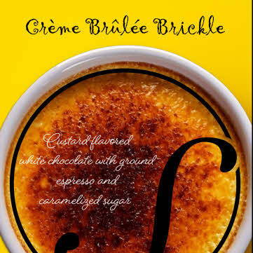 Creme Brulee Brickle Label - ramkin of creme brulee with Speach Logo overlay on yellow background