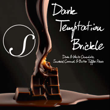 Dark Temptation Brickle label - a pour of dark chocolate on pieces of caramel on a black background