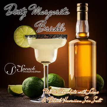 Dirty Margarita Brickle Label - Bottle of tequila surrounded by limes and a margarita glass garnished with a lime and black salt.
