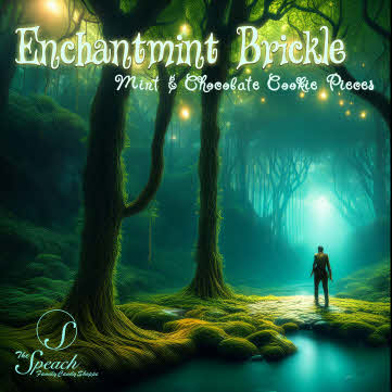 Enchantmint Brickle label - figure standing in an enchanted forest with mystic green and blue lights.