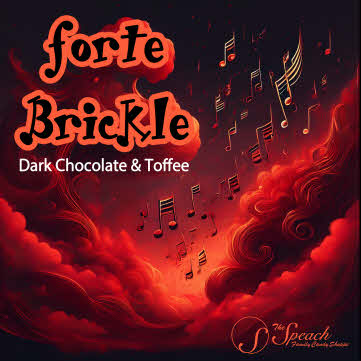 Forte Brickle label red and black swirling clouds with floating music notes.