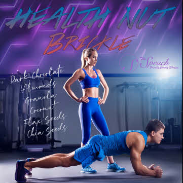Health Nut Brickle Label man and woman working out in a gym in blue and purple and workout equipment in background