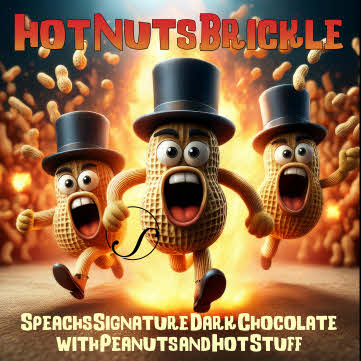 Hot Nuts Brickle Label - cartoon version of peanuts running from a fire