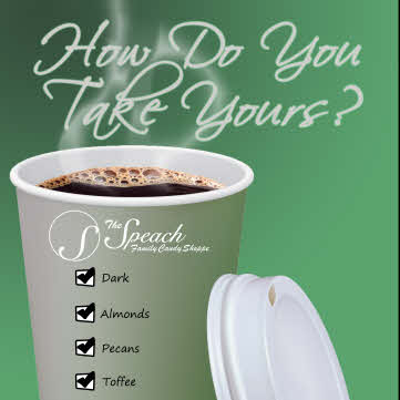How Do You Take Yours Coffee Brickle label - to-go cup filled with hot steaming coffee with green background