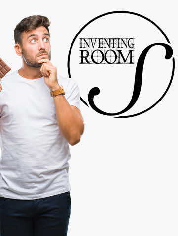 Inventing Room logo - man thinking holding chocolate