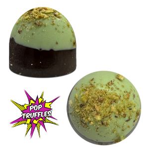 Top and side view of Pistachio Butter Truffles - Dark chocolate with a green chocolate dip and crushed pistachios