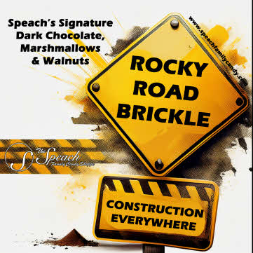Rocky Road Brickle label - Yellow hazard sign and tape that says "Rocky Road Brickle" "Construction Everywhere"
